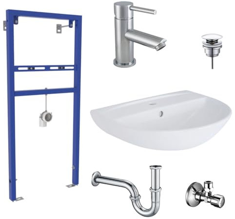 Belvit Waschbecken Komplettset 60 cm Keramik mit Armatur, Vorwandelement, Siphon, Pusher, und SCHELL Eckventil