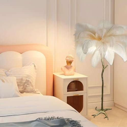 AstrizLamp Natural Feather Floor Lamp H120cm Tree-Shaped with Foot Switch Gold Resin Pole Light Apricot Lamp Shade 3 Color Temperatures Modern LED Large Standing Light for Reading Bedroom Living Room