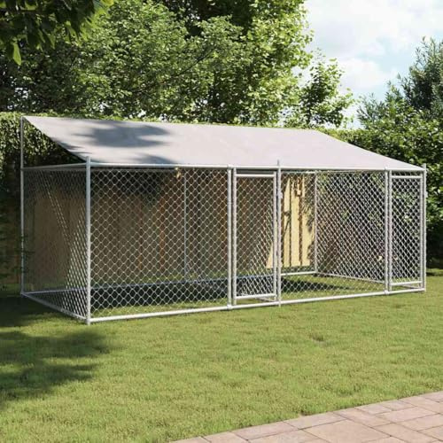 IKAYAA Recinto per Cani da Esterno Box per Cani da Esterno Cuccia Cane Esterno Gabbia Cani con Tetto e Porte Acciaio Zincato-4 x 2 x 2 m/2 Ante