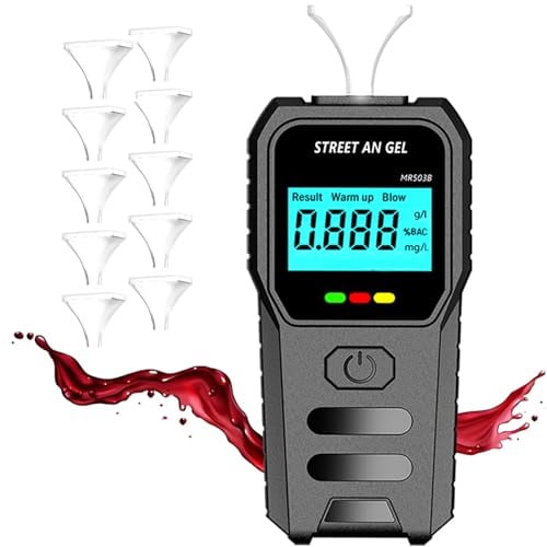 Alkoholtester, Alkoholtester Polizeigenau mit Halbleiter Sensorik und Digitaler LCD Bildschirm, Promillemessgerät, Atemalkoholtester mit 10 Mundstücken, Tragbarer Alkomat für den Heim Partygebrauch
