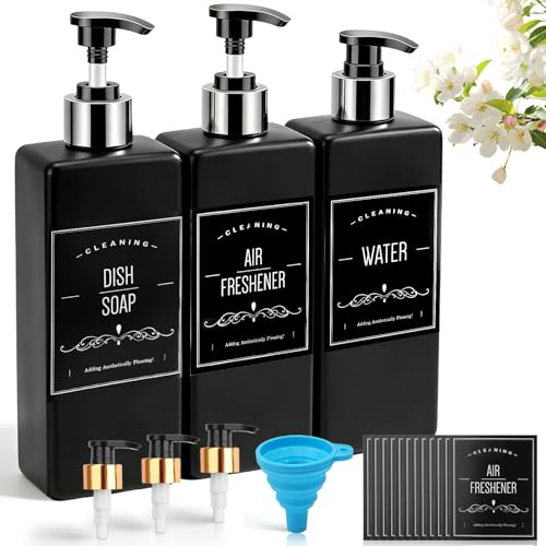 3 Piezas Dispensador Jabon Negro Botellas de Champú Vacias 500ML | Botes Gel y Champu Rellenables para Ducha Baño y Cocina Plástico Dispensador de Jabón Botella de Bomba con Etiquetas y Embudo
