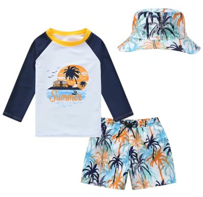 FishingDino UV Kleidung Kinder Gr.74-110, Jungen Schwimmset 3-teiliger mit Langarm Schwimmshirt & Badeshorts UV Schutzkleidung Baby inkl. Sonnenhut