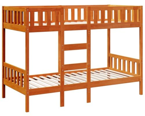 XHNIFBN Etagenbett Kiefer massiv 90x190 cm Wachsbraun mit Lattenrost Rausfallschutz Wandbefestigung Doppelstockbett für Kinder Jugend Gästezimmer Schlafraum