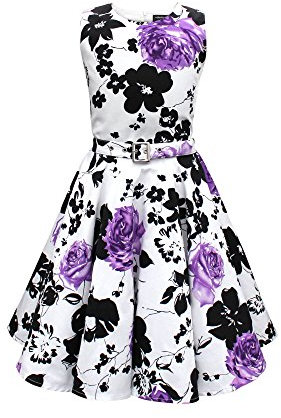 BlackButterfly Enfants Robe Années 50 Vintage Serenity 'Audrey' (Blanc & Violet, 7-8 Ans)
