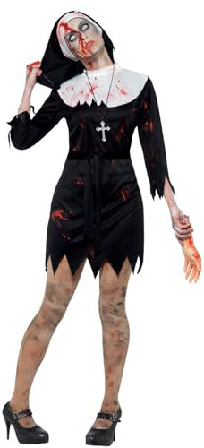 Smiffys Schwester Zombie Kostüm, Schwarz, Kleid, Kopfbedeckung, Gürtel & Kreuzanhänger
