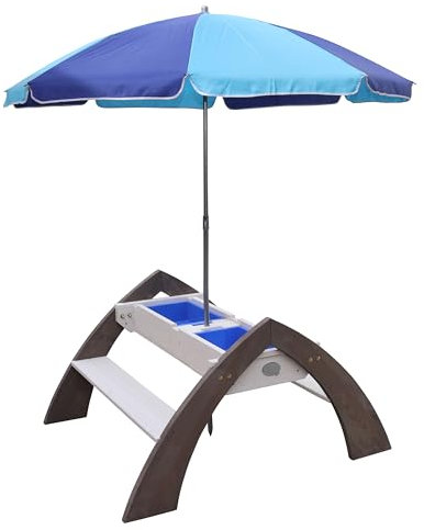 AXI Delta Kinder Sand & Wasser Picknicktisch aus Holz | Wasserspieltisch & Sandtisch mit Deckel und Behältern | Kindertisch/Matschtisch mit Sonnenschirm für den Garten