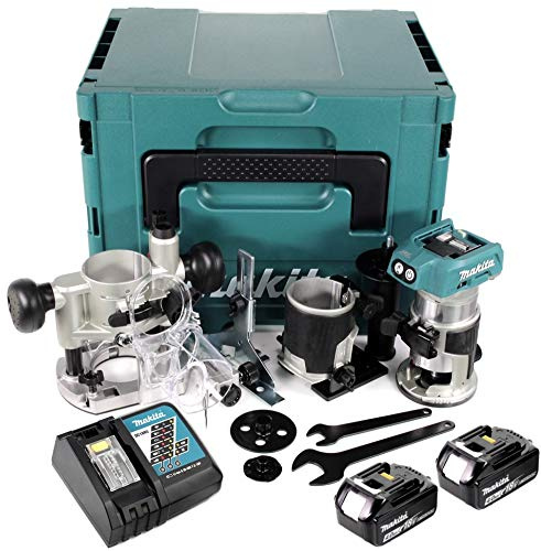 Makita DRT 50 RMJ X2 18 V Li-Ion Akku Brushless Multifunktionsfräse im Makpac inkl. Fräsmodule + 2x 4,0 Akku + Ladegerät