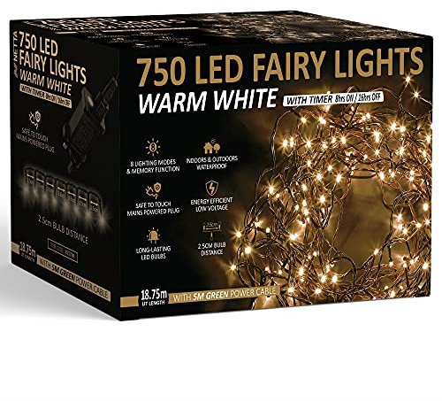 Christmas Tree Lights 750 LED 18.75m Warm White - 2.5cm Bulb Distance Fairy String Lights Plug in with Timer and Memory Functions - Suitable for Outdoor/Indoor Use