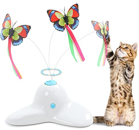 Suhaco Cat Toys Interaktiver Schmetterlings-Teaser für Hauskatzen Automatisch rotierendes Spielzeug (Weiß)