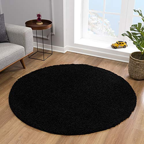 Impression Teppich Rund - Perfect Teppiche fürs Wohnzimmer, Flur, Schlafzimmer, Kinderzimmer, Babyzimmer - Hochwertiger Öko-Tex Zertifizierter Flächenteppich - Solid Color Schwarz - 200 cm Rund