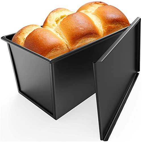 CHEFMADE Pullman Loaf Pan with Lid, 1Lb Dough Capacity Non-Stick Rectangle Flat Bread Pan, Carbon Steel Bakeware Toast Mold with Cover for Baking Bread - Black