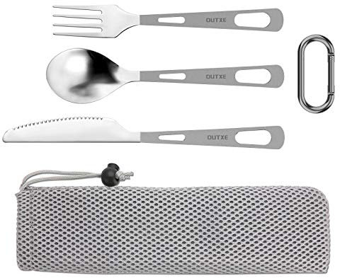 OUTXE Titanium Camping-Utensilenset 3-teiliges Poliertes Titan Löffel-Gabelmesser-Kombi- und Neopren-Etui, Lunchbox-Besteckset und Reisebesteck.