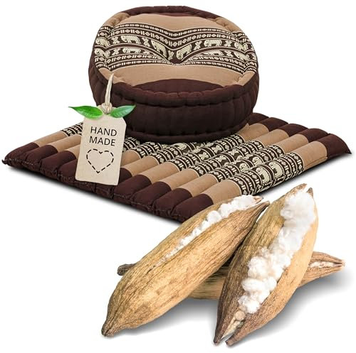 livasia Meditationsset L - Ø 38x15cm / Matte 50x50x4,5cm - Yogaset mit Kissen und Matte, Pouf, Yogamatte und Yogakissen mit Kapok handgefertigt, Bodenkissen Outdoor, Zafukissen (Braun/Elefanten)