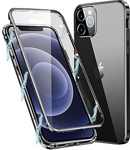 MIMGOAL Hülle für iPhone 11 Pro Max, Magnetische Metallrahmen Handyhülle 360 Grad Full Body Vorne hinten Gehärtetes Glas Schutzhülle Einteiliges Ultra Dünn Flip Transparente Cover,Schwarz