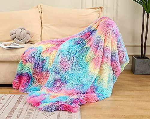 Flauschige Kuscheldecke,Super Weiche Lang Plüsch Fleecedecke als Sofaüberwurf,Wohndecke Wendedecke Sofadecke Couchdecke Tagesdecke Wohnzimmerdecke Nickerchendecke Raumdekor,50*70cm,Batik-Regenbogen #2