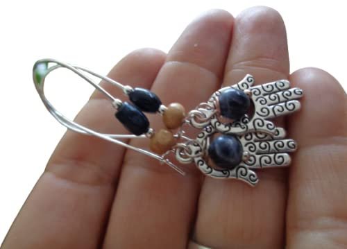 ๑ ஐ • ORECCHINI LAPISLAZZULI E LEGNO CON FATIMAS DECORATO A MANO • ஐ ๑ orecchini lunghi a gancio a fagiolo blu e natura