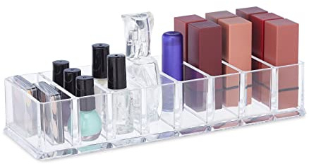 Relaxdays Make Up Organizer eckig, 8 Fächer, Mehrzweckbox, transparent | Nagellack & Lidschatten, HxBxT: 5 x 25,5 x 9 cm