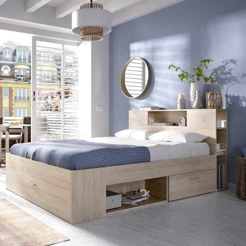 DEKIT GRUPO RIMOBEL LANKA - Cama de matrimonio con almacenaje en cabecero y bajo cama - Natural - 95x149x218 cm