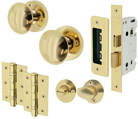 EAI Polished Brass Bathroom Door Knob Set - 1 Pair of Victorian Mortice Knobs (55mm), Lock (80mm) & Hinges (76mm)