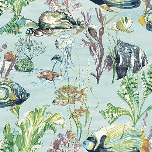 Aquarium Teal Wallpaper Grandeco Watercolour Fish Jellyfish Sea Life Creatures