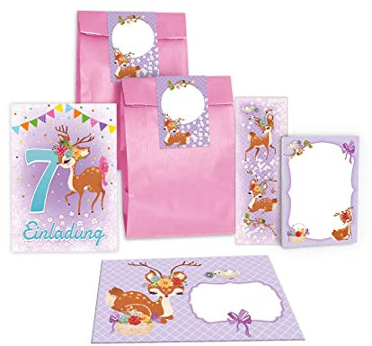 Junapack 12 Einladungskarten zum 7. Kindergeburtstag siebte Geburtstag Mädchen Reh incl. 12 Umschläge, 12 Tüten/rosa, 12 Aufkleber, 12 Lesezeichen, 12 Blöcke