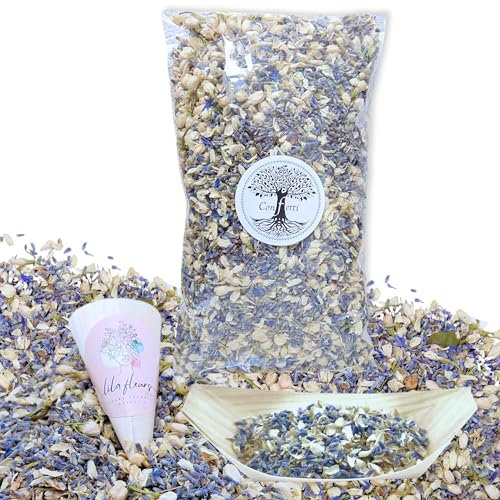 1 Litre Confettis de Mariage Fleurs séchées naturelles Biodegradable Bleu Blanc Lavande Jasmin Multicolore Décoration Mariage Table, Bohème Champêtre Confettis à Lancer France (Bleu, blanc)