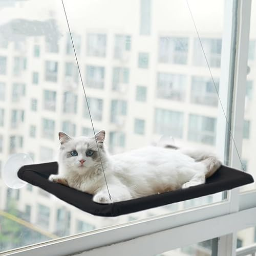 JinRui-T Cat Window Hammock Perch Safety Sunny Bed with Durable Heavy Duty Suction Cups Resting Seat for indoor cats sleeping Space Saving Mounted Holds Up to 30lbs (Black) | Cat Window Perch Suction Cups Cat Window Hammock Space Saving Window Seat for Cats Inside
