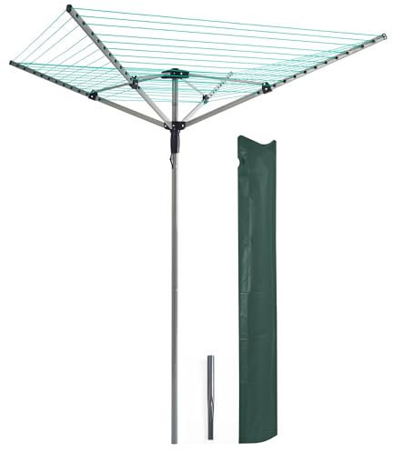 OurHouse 4 Arm Rotary Airer Clothes Line, Outdoor Clothes Line for Garden Use, Rust & Weather Resistant, Dry Laundry Space Saving, Adjustable Height & Ground Spike, 50m Drying Space
