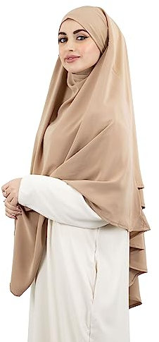 Lamis Hijab - Khimar 2 Schleier zum Überziehen aus Medinenseide, Jilbab für muslimische Frauen, verhüllt KH200, Beige, Braun, One size
