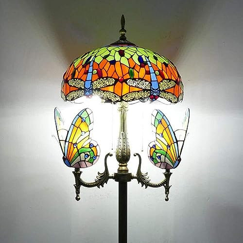 Vintage Tiffany Wohnzimmer Libelle Stehleuchte mit Schalter Ø40cm Glasmalerei Schlafzimmer Kunst Stehlampe E27 Retro Büro Studie Leselicht Nachtlicht 66 Zoll hoch Standllampe
