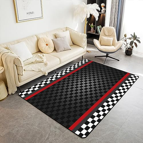 Racing Car Track Area Teppich 100x150, Schwarze Wabengeometrie Rutschfeste, Schwarz-Weiße Flagge Plaid Dekor für Wohnzimmer Schlafzimmer