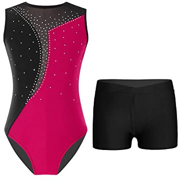 iEFiEL Mädchen Glitzer Turnanzug Ärmellose Leotards Rückenfrei Ballettanzug mit Strass Ballettkleidung Gymnastikbody Tanzkostüm Vc Hot Pink Schwarz 146-152