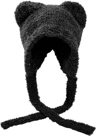 DOFOTAWN Wintermütze mit niedlichen, superweichen Bärenohren, Strickmütze, Ohrenklappe, Häkelmütze, Schwarz, Einheitsgröße