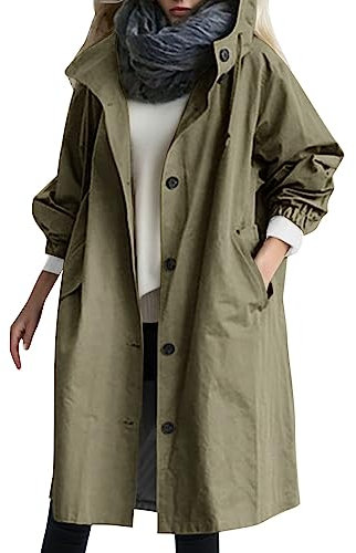 Veste de pluie légère et longue pour femme Trench à boutons de couleur unie avec capuche Coupe-vent à coupe ample Imperméable décontracté avec poches Grandes tailles S à 5XL, Vert kaki., 4XL