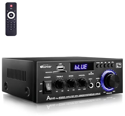 HiFi Verstärker - WOOPKER AK45 Pro Verstärker HiFi Stereo 500 Watt, 2 Kanal Mini Verstärker Audio Receiver mit w/UKW-Radio, USB/SD/AUX/RCA/MIC In,12V 220V Bluetooth Verstärker für Lautsprecher