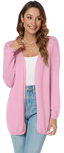 Famrrifuu Gilet Cardigan Femme Long été Coton à Manches Longues Veste Tricot Léger Casual Gilets,Rose,XL