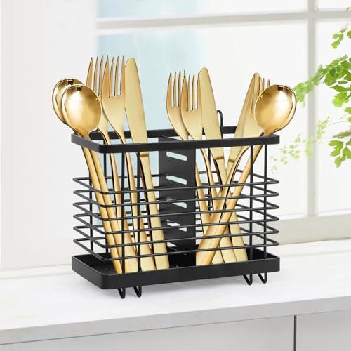 Minicoco Kitchen Utensils Holder - Black Large Stainless Steel Utensil Pot with Hollow Drainage Design - Crocks for Spoons, Spatulas, Forks, Knives