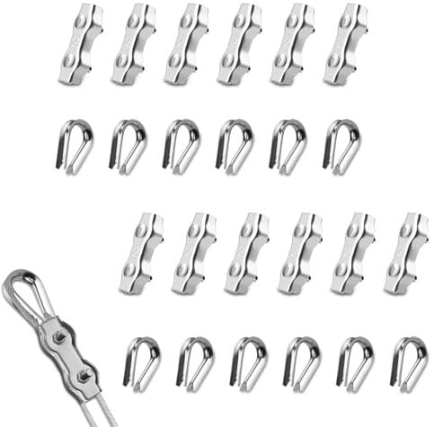 24 morsetti per fune metallica M2, in acciaio inox 304, con 12 morsetti per fune metallica da 2 mm e 12 cavi metallici, 2 mm, morsetti duplex per fune metallica fissate