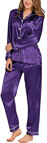 SWOMOG Women's Pyjama Set Silk Satin Long Sleeve Button Down Pyjamas Two Piece Comfy Sleepwear and Loungewear Set
