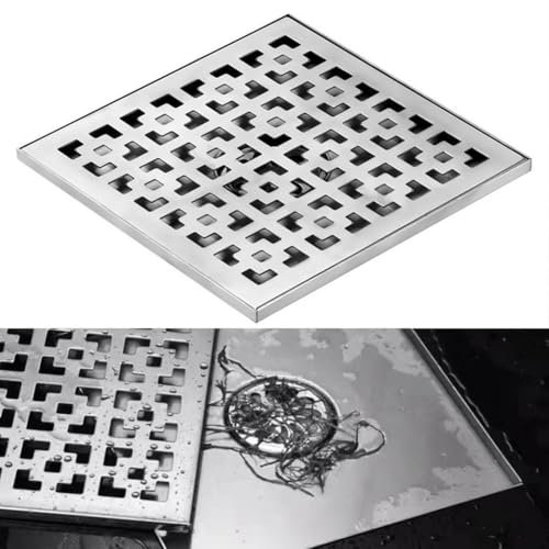 Duschablauf aus Edelstahl, quadratisch, Bodenablauf, 20 x 20 cm, für Badezimmer, Duschraum, WC, Wäsche, Silber, WC-Haarfilter, Bodenablauf
