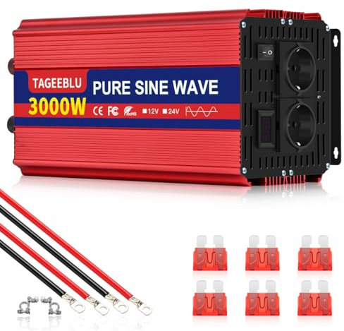 TAGEEBLU 3000W Reiner Sinus Wechselrichter DC 12V auf AC 230V Spannungswandler, Wechselrichter für Fahrzeuge mit Alligatorclip, 2 AC Steckdose und LCD Bildschirm