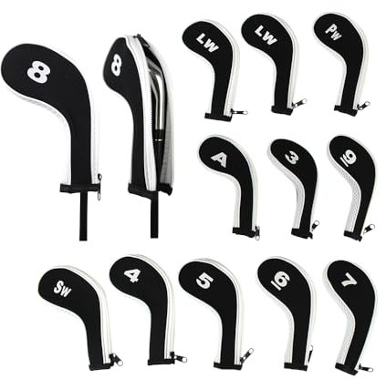 Scott Edward 12pcs Number Print Golf Club Irons Covers Neoprene Zippered Golf Wedge Covers with Long Neck Protective Mesh Men Women Fit Most Standard Irons (White Black)