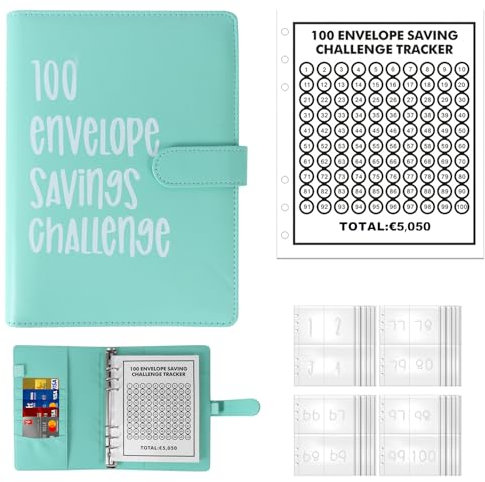 ALLOMN 100 Envelope Saving Challenge Euro, 100 Umschläge Spar Challenge Ordner Geldsparmappe A5 Geldsparbinder Budget Planner zu Sparen 5050EUR Budgetordner für Paare Büros Zuhause Schule (Grün)