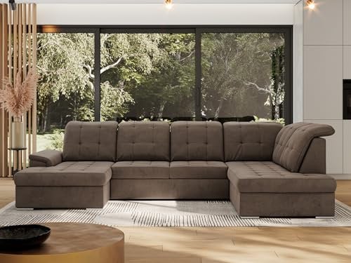 MKS MEBLE Sofa U-Form Braun Velvet, Wohnlandschaft U-Form, Sofa mit Schlaffunktion und Bettkasten, Schlafsofa mit Bettkasten, Couch mit Schlaffunktion - Braun Velvet - Madrito
