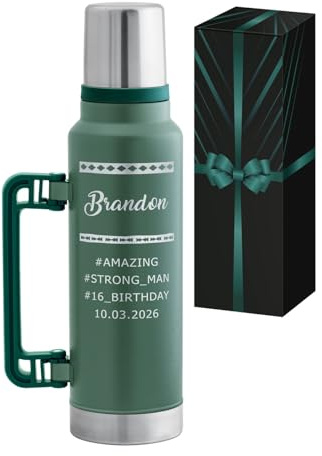 Personalisierte Thermosflasche 1400 ml mit Griff - auslaufsichere Edelstahl Trinkflasche mit Trinkbecher - Geburtstagsgeschenk für Männer - personalisierte Geschenke für Männer - Grün - Maverton