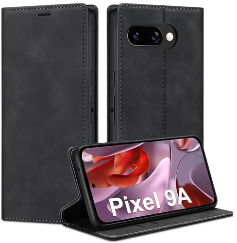 Guisessy Handyhülle für Google Pixel 9a Hülle Leder, Premium Klappbar Flip Wallet mit Magnet Kartenfach Standfunktion Schutzhülle Stoßfeste Klapphülle für Google Pixel 9a, Schwarz