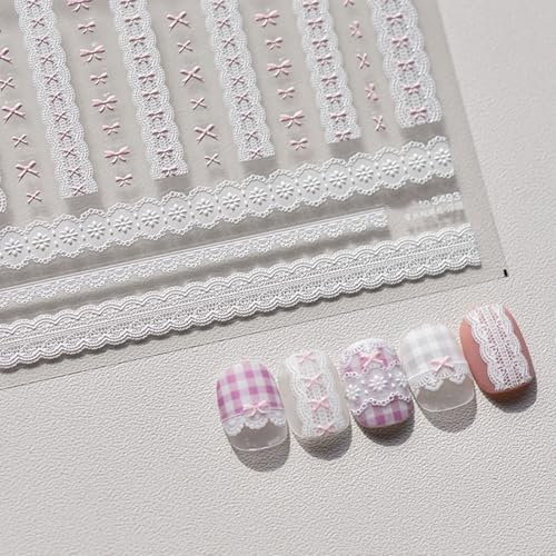 JMEOWIO 3D Embossed Pink Bow Nail Art Stickers Decals Self-Adhesive 5D Nail Supplies Nail Art Design Decoration Accessories 1 Sheets