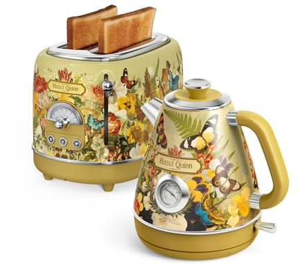 Hazel Quinn X Eduardo Recife Kooperations Wasserkocher 1,7 Liter 2200 W, BPA-frei, 360° Gerätefuß, Toaster Retro Style Frühstückssets, 2 Extra Breiten Toastschlitzen, Abschaltautomatik, Blumendruck