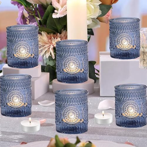 Porte-Bougies Votifs Roses, 6 Bougies Chauffe-Plat en Verre pour Le Mariage, la fête et la décoration d'intérieur (6, Bleu)