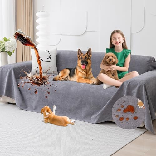 Loiion Hunde Schutz Sofa, Sofaüberwurf Doppelseitige Wasserdicht, Sofa Pipi Schutz Auflage, Haustierfreundliche & Rutschfeste Möbelabdeckung, Perfekter Schutz für Couch, Bett, Autositz, Grau,340x180cm